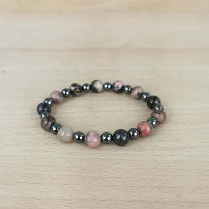 Bracelet boules Rhodonite  de Madagascar et Hématite