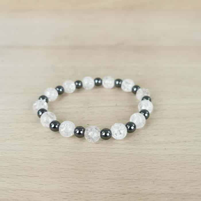 Bracelet boule Hématite et Cristal de Roche Crack