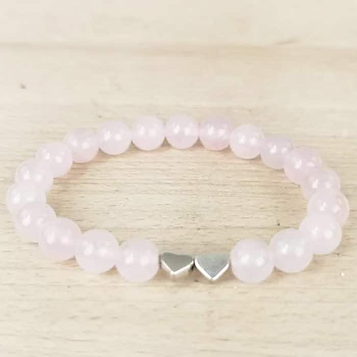 Bracelet boules 8mm Quartz Rose+cœurs