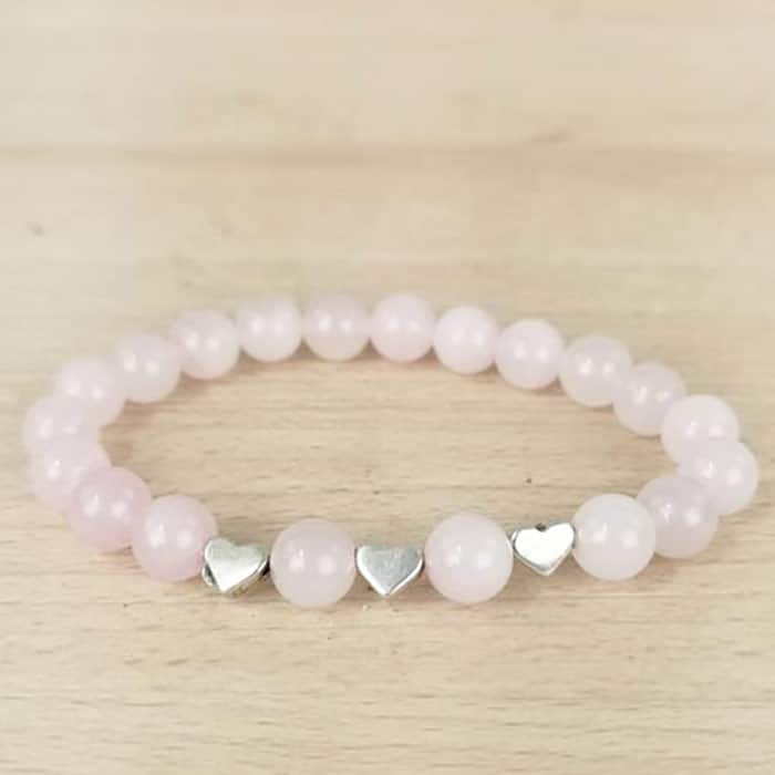 Bracelet boules 8mm Quartz rose + 3 cœurs